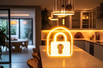 Modern kitchen with security lock graphic  Interior design, security, home automation, safety, illuminated lock symbol, stylish kitchen island, blurred dining area, warm lighting,  contemporary style