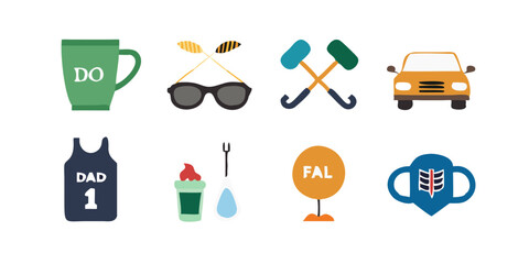 Set of Father's Day-themed icons including necktie, toolbox, mustache, grill, trophy, Dad mug, wristwatch, and fishing rod