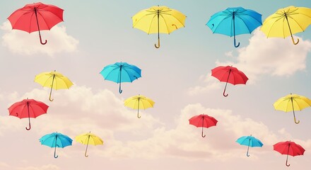 Fototapeta premium Colorful umbrellas floating in sky