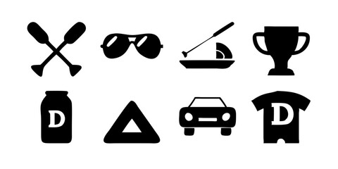 Set of Father's Day-themed icons including necktie, toolbox, mustache, grill, trophy, Dad mug, wristwatch, and fishing rod