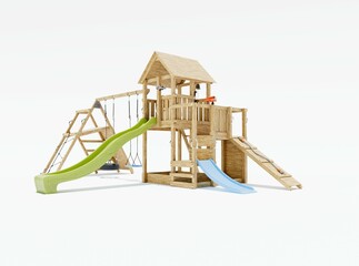3d rendering illustration of modern wooden playground for sports game for children on white background