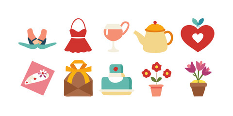 Set of Mother's Day icons featuring bouquet of flowers, heart, gift box, perfume bottle, pearl necklace, and high heels for celebration, greeting cards, and festive design