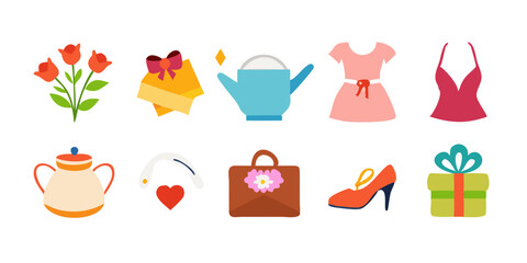 Set of Mother's Day icons featuring bouquet of flowers, heart, gift box, perfume bottle, pearl necklace, and high heels for celebration, greeting cards, and festive design
