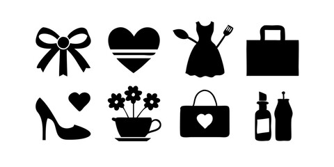 Set of Mother's Day icons featuring bouquet of flowers, heart, gift box, perfume bottle, pearl necklace, and high heels for celebration, greeting cards, and festive design