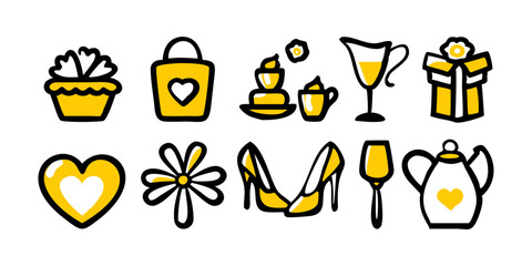 Set of Mother's Day icons featuring bouquet of flowers, heart, gift box, perfume bottle, pearl necklace, and high heels for celebration, greeting cards, and festive design