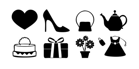 Conjunto de íconos del Día de la Madre con ramo de flores, corazón, caja de regalo, frasco de perfume, collar de perlas y tacones altos para celebración, tarjetas de felicitación y diseño festivo.