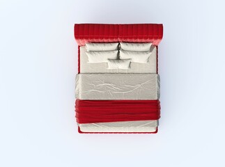 3d rendering illustration of red modern bed on white background top view