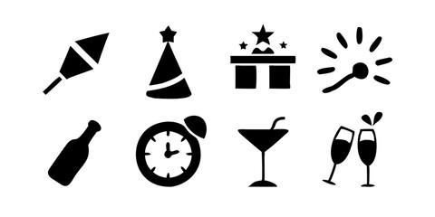 New Year icon set featuring fireworks, champagne, confetti, clock, party hat, noisemaker, and celebration symbols for a festive New Year's party