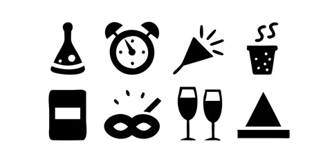 New Year icon set featuring fireworks, champagne, confetti, clock, party hat, noisemaker, and celebration symbols for a festive New Year's party