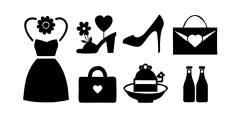 Conjunto de íconos del Día de la Madre con ramo de flores, corazón, caja de regalo, frasco de perfume, collar de perlas y tacones altos para celebración, tarjetas de felicitación y diseño festivo.