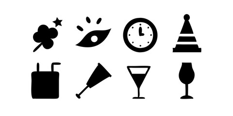 New Year icon set featuring fireworks, champagne, confetti, clock, party hat, noisemaker, and celebration symbols for a festive New Year's party