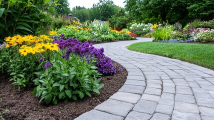 A winding pathway is paved with gray bricks and bordered by vibrant flowers and lush green grass....