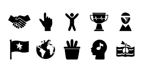 Silohette Of Black History Month icon set featuring raised fist, African continent, unity hands, freedom flag, drum, heritage symbols, cultural mask, and breaking chains