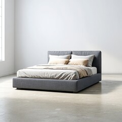 Gray bed with pillows and blanket on white background