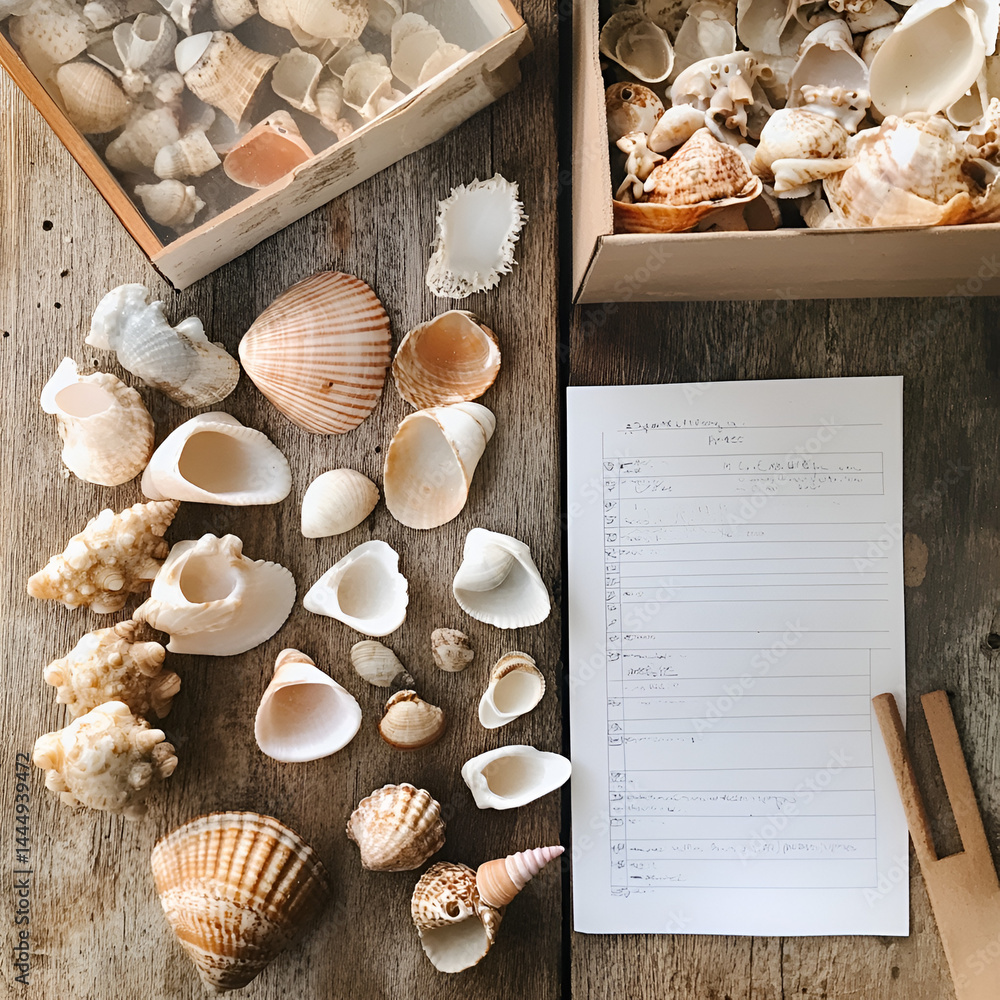 Poster organizing aofthanit shell sorting tools on the beach table coastal setup visual guide outdoor creat