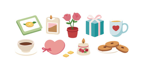 Mother's Day icon set featuring hearts, flowers, gift boxes, and family love symbols.