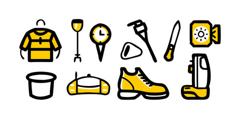 Set of Father’s Day icons including power drill, golf gear, fishing equipmen, car model, and sportswear