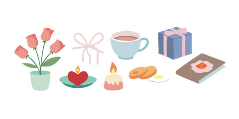 Mother's Day icon set featuring hearts, flowers, gift boxes, and family love symbols.