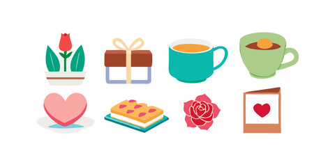 Mother's Day icon set featuring hearts, flowers, gift boxes, and family love symbols.