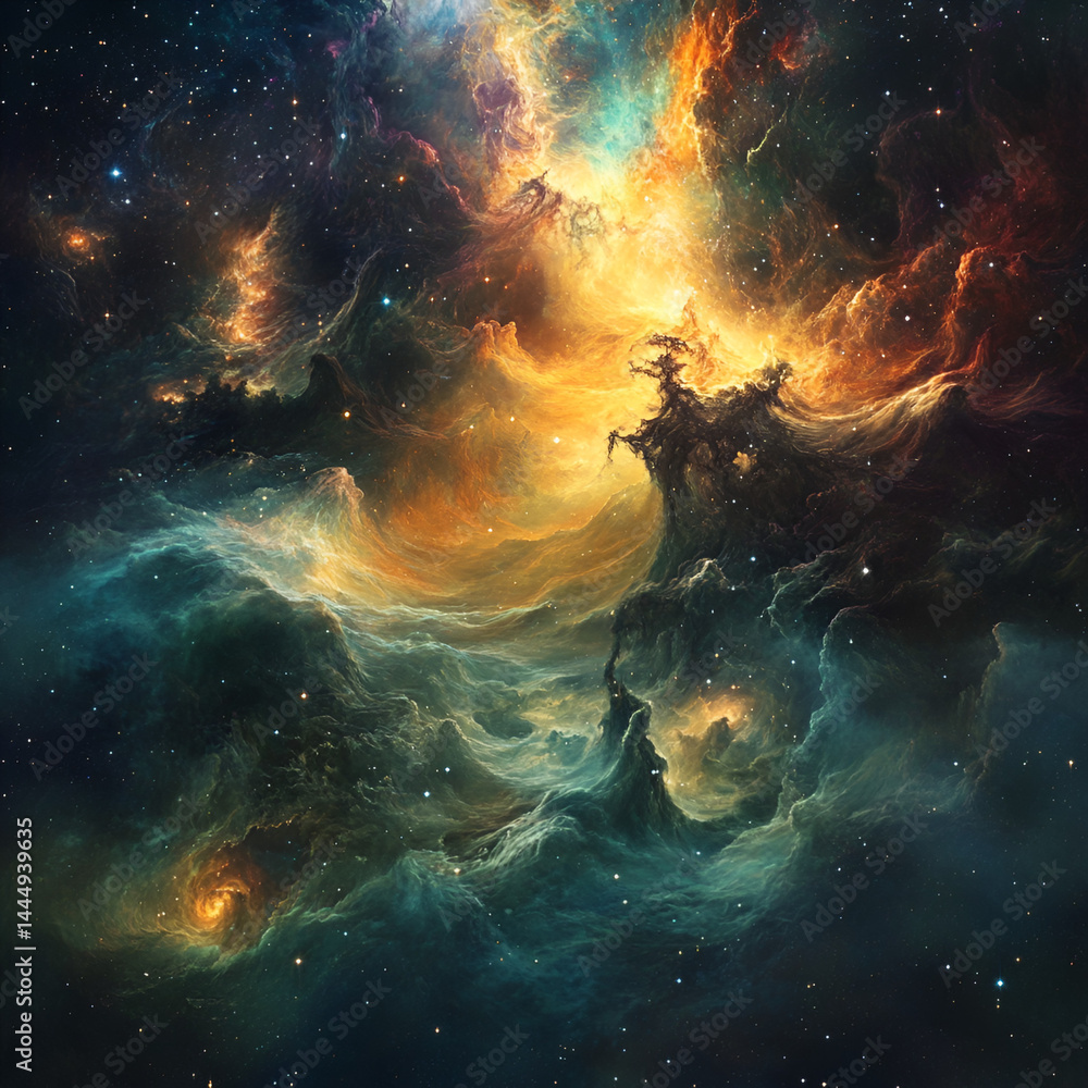 Poster exploring the celestial wonders shimmering stars and colorful nebula clouds in deep space