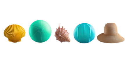 Beach Bliss: A vibrant collection of beach essentials, seashells, colorful balls, and a stylish hat, all lined up, celebrating the fun of a summer day. 
