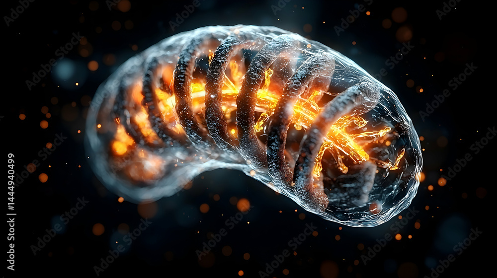 Poster a glowing abstract depiction of a biological structure possibly a cell or organism. application in s