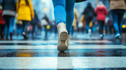 Fototapeta premium Close-Up of Walking Feet on Crosswalk - Urban Pedestrian Movement in Blue Jeans and Sneakers 
