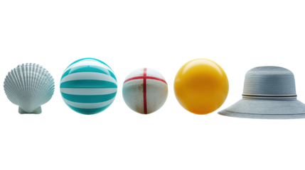 Oceanic Assemblage: A curated collection of beach-themed objects arranged in a row, evoking the playful and nostalgic feel of a day by the sea, sunshine, and seaside vibes.