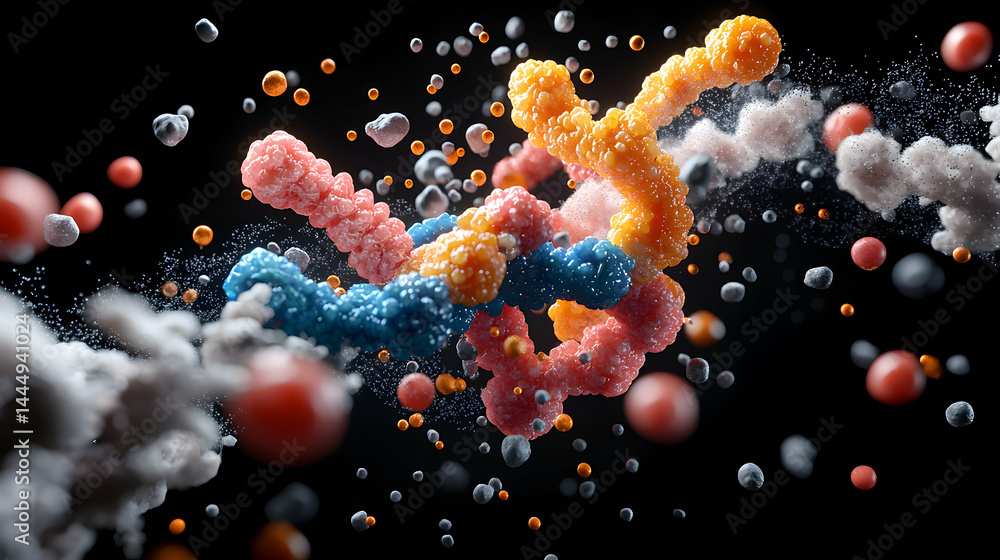 Poster a vibrant 3d render of intertwined protein structures floating against a dark backdrop. suitable for