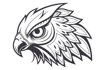 Detailed Black and White Eagle Head, Ornamental Feathers, Bold Outline, Sharp Beak
