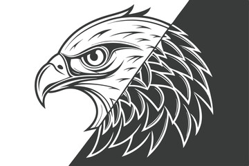 Stylized Eagle Head Profile Divided in Half, Black and White Feather Detail Design