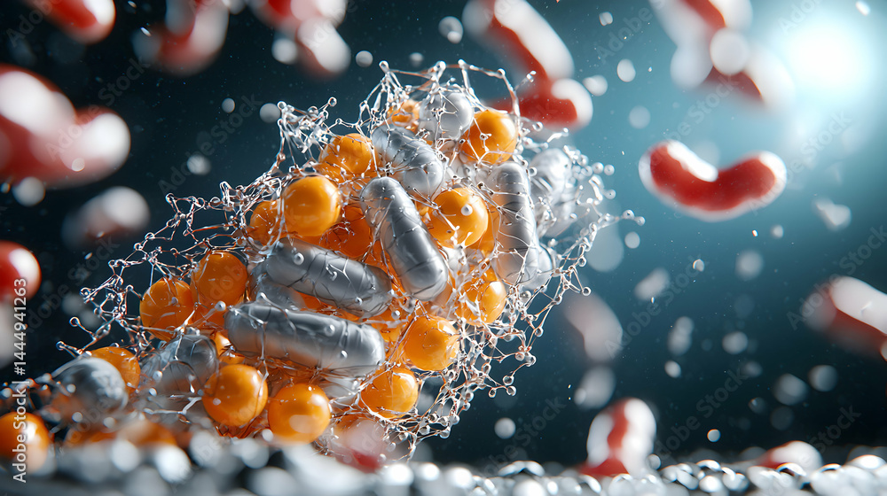 Poster microscopic illustration featuring vibrant structures and a web like design. the image suggests scie