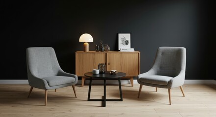 Living room interior with gray armchairs, wooden cabinet, and round coffee table