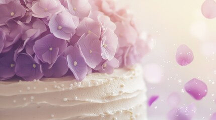 Fototapeta premium Playful and Colorful Scene of Elegant Wedding Cake with Purple Hydrangeas and Edible Pearls on Bright Cake Stand