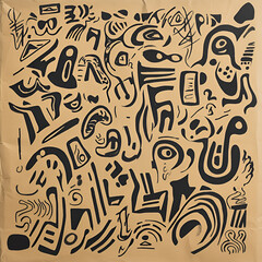 Creating simple doodles abstract patterns kraft paper background ink art close-up view minimalist aesthetic