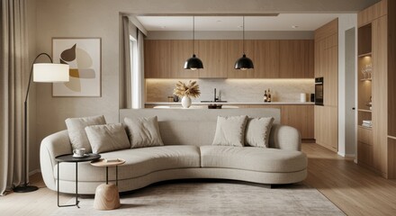 Contemporary living room interior with curved sofa and open kitchen design