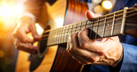 Obraz premium Extreme close-up of the expert hands of a guitarist as he plays a beautiful wooden acoustic guitar. String instrument concept. Generative Ai.