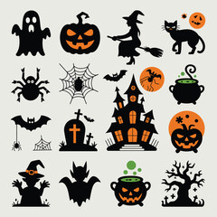 Halloween Icons Collection Black Silhouettes Orange Accents
