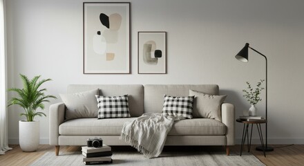 Living room interior with sofa, artwork, lamp and plant in a modern style