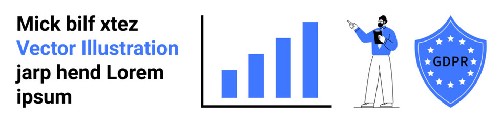 Man presenting bar chart growth, GDPR compliance shield, business analytics, data privacy. Ideal for presentations, data security, marketing, corporate training, web design legal content simple