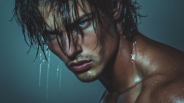 Attractive man with wet hair and water droplets on his skin