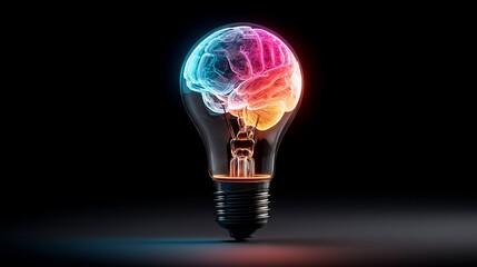 Illuminated lightbulb with glowing brain inside.