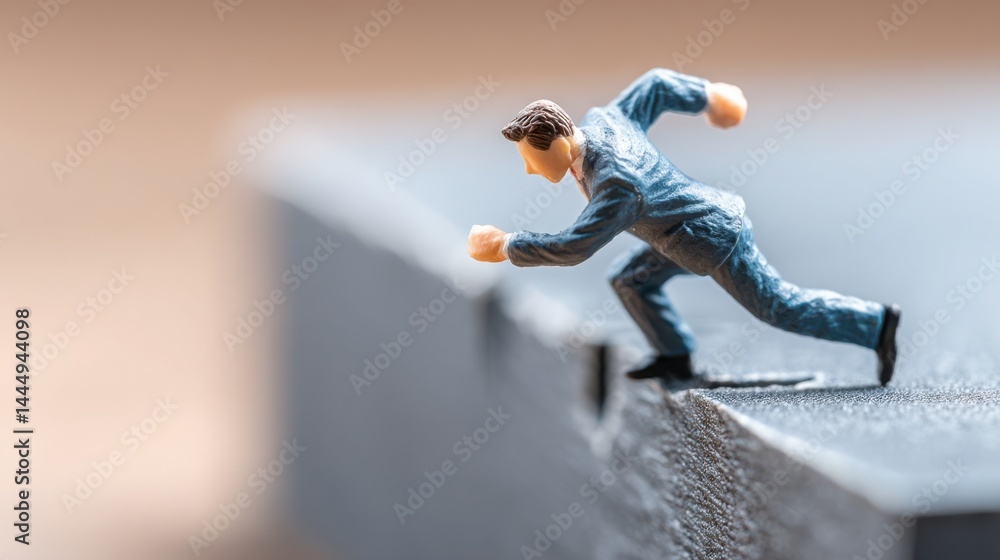 Poster miniature man running on a wall symbolizing crisis event reaction modeling by ai for forecasting fut