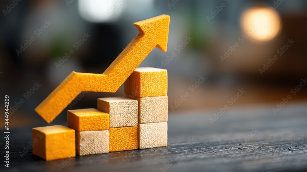 Poster wooden block with a gold arrow representing crisis rebound and acceleration in investment strategies