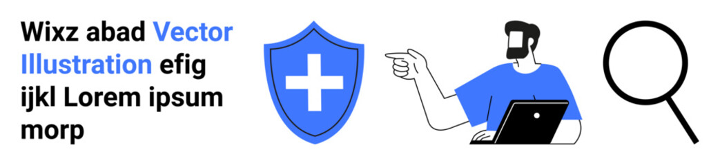 Man holding laptop and pointing at a blue shield with a plus symbol, accompanied by a magnifying glass. Ideal for healthcare, insurance, security, data analysis, research, technology, flat landing