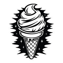 Monochrome Ice Cream Cone Silhouette with Dripping, Black and White, Simple Sweet Treat Design