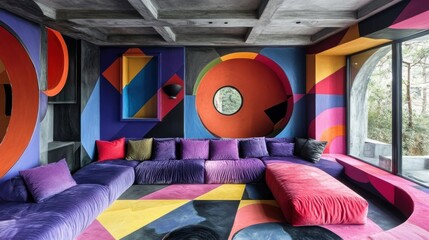Vibrant, geometric living area with bold color scheme.