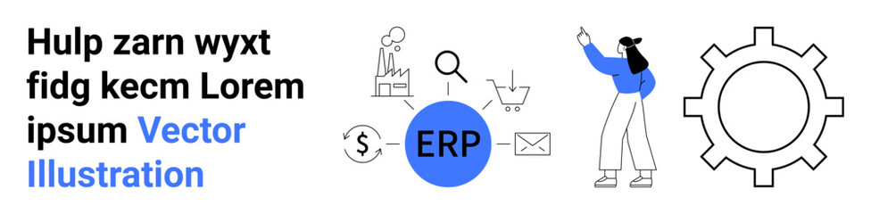 Businesswoman pointing to ERP process surrounded by workflow icons analysis, shopping cart, message, magnifying glass, gear, and currency. Ideal for business workflow, system integration, enterprise