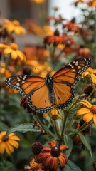 Close-up of monarch butterfly on vibrant orange flower in garden setting