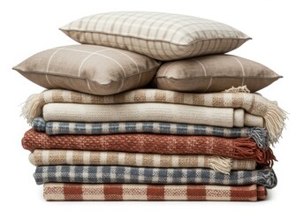 Stack of pillows and blankets isolated on white background
